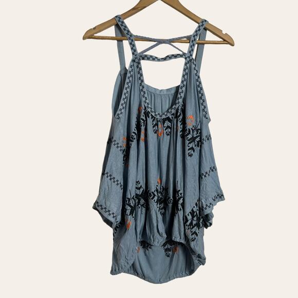 Free People Blue New World Embroidered Bohemian Cold Shoulder Peasant Top Size M - Picture 9 of 11